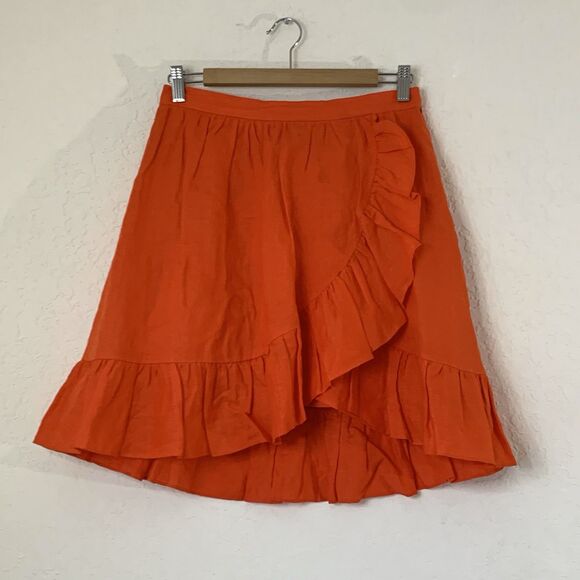 J Crew 100% Linen Mini Skirt Women 4 Orange Faux Wrap Ruffle Preppy Blogger Fave - Picture 1 of 11